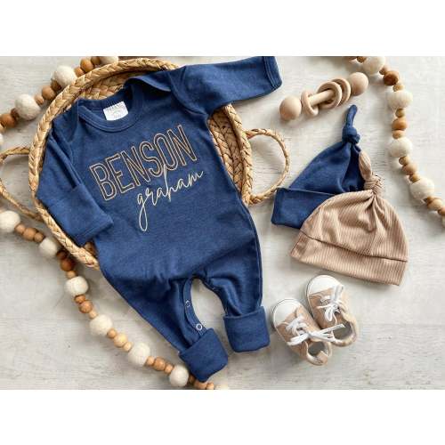 Personalized Baby Boy Outfit | Heather Navy Blue Romper Gold Beige Cus – Wonderfully Made