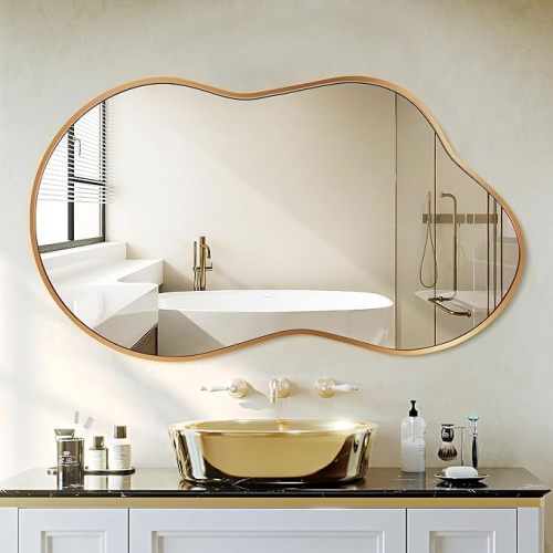Dorlicecass Irregular Wall Mirror - Wall Mirrors Decorative 20"x36" Gold Asymmetrical Mirror Tempered Glass Aviation Aluminum Alloy Frame for Bathroom, Bedroom, Living Room, Cloakroom, Entryway