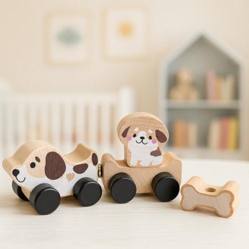 Puppy Train Toy Wooden  Montessori Car Set, Nursery Decor