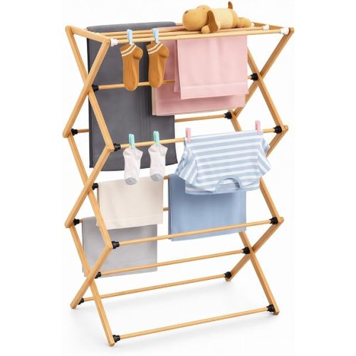 FJO Foldable Bamboo Clothes Drying Rack, 3-Tier Collapsible Laundry Clothes Hanger, Portable Wooden Drying Rack, Space Saving Indoor Outdoor, 28'' D x 15'' W x 39.3'' H, Beige