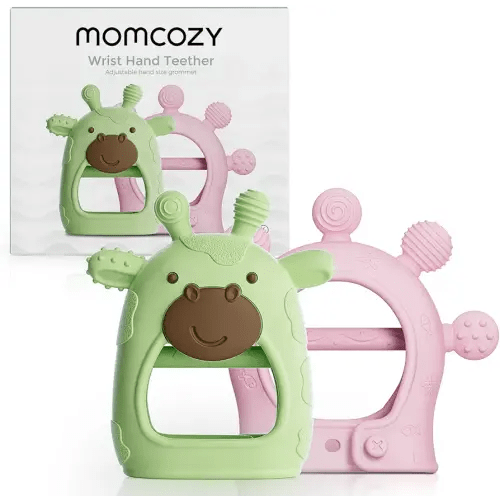 Momcozy Baby Teether Toys | Food Grade Silicone Teething Relief 0-6 Months | Toy 6-12 Months | Baby Essential | Green and Pink