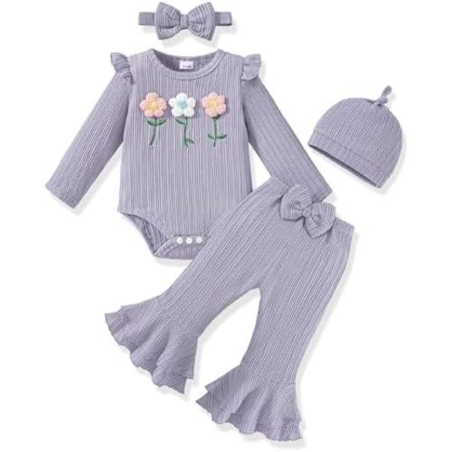 Vibebox Baby Girl Clothes Newborn Preemie Fall Winter Outfits Long Sleeve Ruffle Romper Bell Bottoms Pants Girls Clothing Set