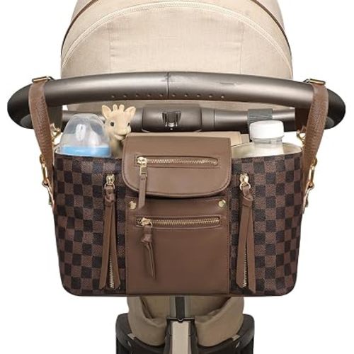miss fong Checkered Stroller Caddy with Insulated Cup Holder Universal Stroller Organizer Bag Baby Storage Bag with Adjustable Strap, Fits for Baby Carriage like Uppababy, Baby Jogger, Umbrella