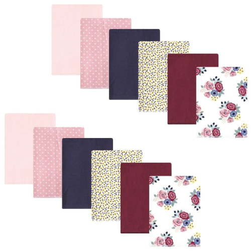 Hudson Baby Infant Girl Cotton Flannel Burp Cloths Bundle, Blush Navy Floral, One Size