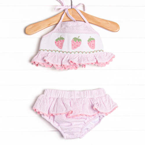 Strawberry Seersucker Smocked Bikini, Pink – Stitchy Fish