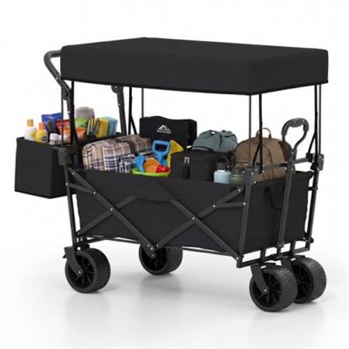 Costway Folding Utility Wagon with Detachable Canopy, Collapsible Garden Cart with Adjustable Push & Pull Handles Black