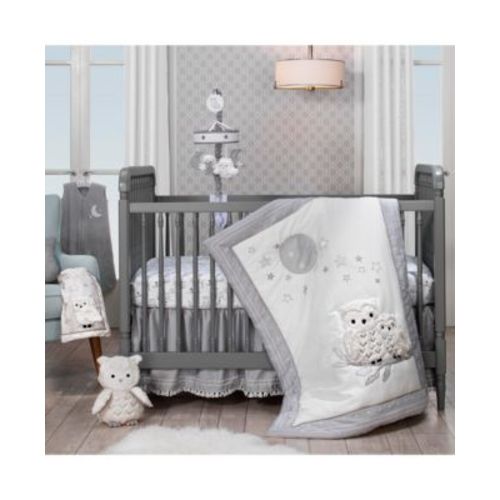 Baby Luna White/Gray Celestial Owl 4-Piece Nursery Crib Bedding Set