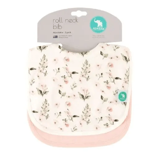 All4Ella Roll Neck Bib Pink Flower - 2 Pack | Baby Bunting AU