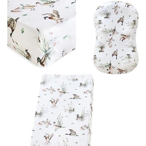 LifeTree Mallard Duck Theme Bundle - 1 Pack Muslin Crib Sheet, Changing Pad Cover, Baby Lounger Cover (Blue, Green, Brown) - 70% Viscose from Bamboo and 30% Cotton