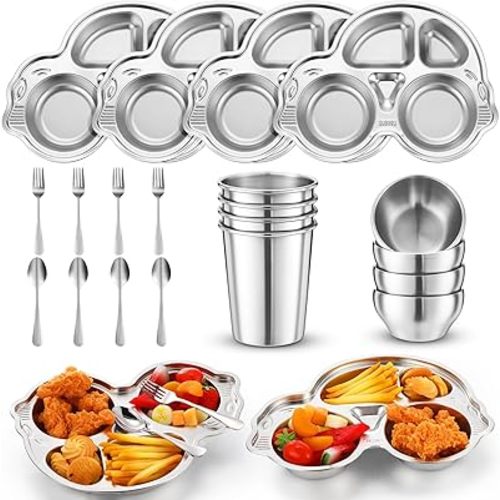Jinei 20 Pieces Kids Stainless Steel Utensils Set Include 4 Car Shaped Plates, 4 Bowls, 4 Cups, 4 Spoons, and 4 Forks, Stainless Steel Dinnerware Set for Toddler Utensils Silverware