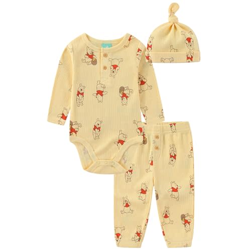 Disney Pooh Mickey Baby Boys Girls Bodysuit Pants and Cap 3 Pc Set Infants