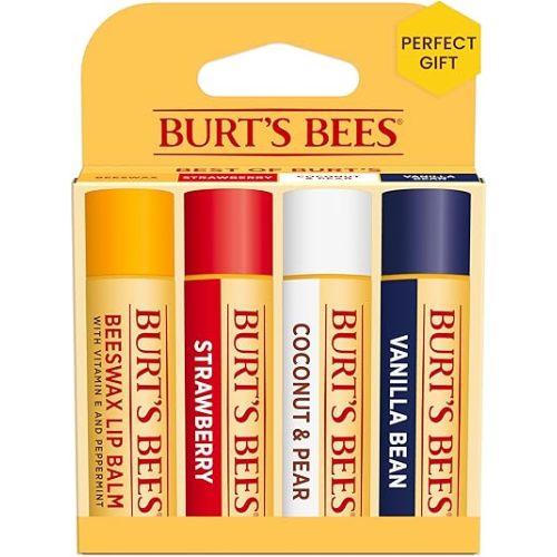 Burt's Bees Lip Balm, Beeswax, Strawberry, Coconut and Pear, and Vanilla Bean Pack, With Responsibly Sourced Beeswax, Tint-Free, Natural Lip Treatment, 4 Tubes, 0.15 oz.