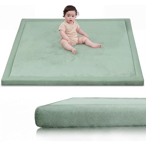 Huloo Sleep Ultra Soft Baby Play Mat for Floor,1.3" Thick Elasti-Foam 50x50 Playpen Mat for Toddlers Infant Kids,Non-Slip Backing Safe for Crawling&Tummy Time,Tatami Style (Sage Green)