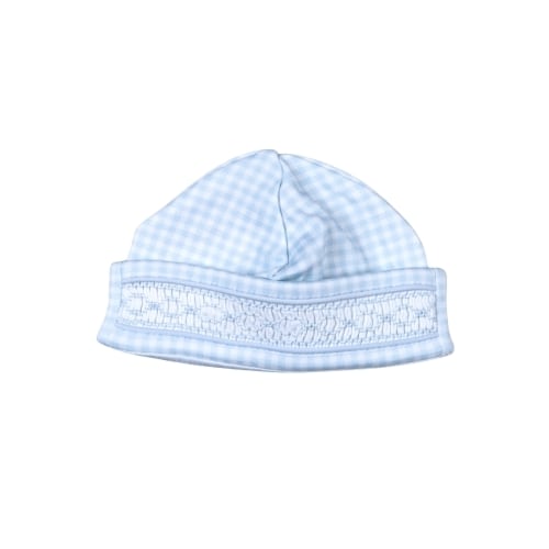 BGG-115 Blue gingham clsssic Pima Hand Smocked Beanie