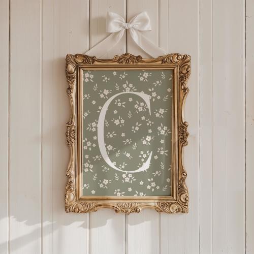 Custom Initial Boho Floral Daisies Sage Green Room Decor Personalized Initial Retro Boho Wall Baby Girl Neutral Nursery Art Monogram