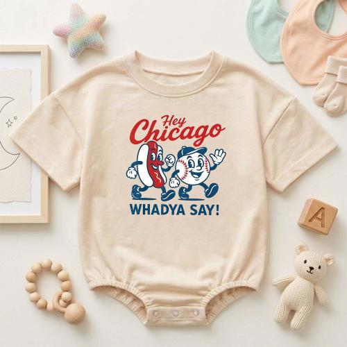 Chicago Cubs Baby Romper, Custom Whadya Say Toddler Clothes, Funny Hot Dog Retro Mascot Newborn Gift, Vintage Retro Baseball Jumpsuit