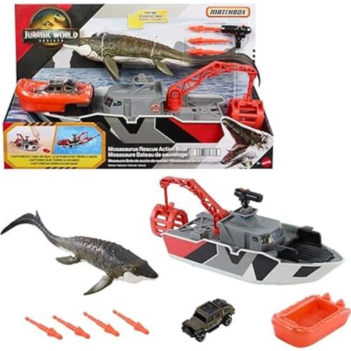 Matchbox Toy Car Playset, Jurassic World 12.5” Dino Boat with 13” Mosasaurus Dinosaur, 1:64 Die-Cast Jeep, Harpoon Missiles & Detachable Rescue Boat