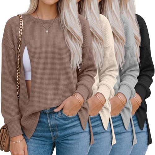 Ficerd 4 Pack Women Waffle Nursing Shirts Breastfeeding Tops