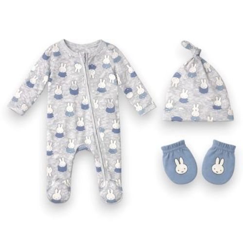 Miffy Baby Boys’ 3-Piece Ultra-Soft Sleep N’ Play Coverall, Beanie & Mitten Layette Set, Grey/Bunnies, 3 Months