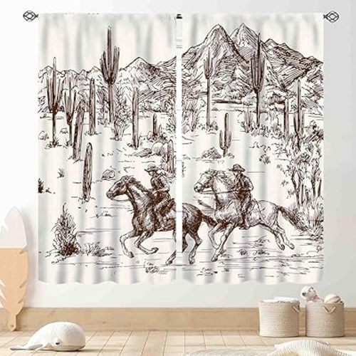 Western Curtains for Bedroom, Rustic Farmhouse Cowboys Riding Horse Wild West Desert Cactus Country Style Blackout Window Drapes Treatments for Living Room Kitchen Home Decor 2 Panels, 42"x45" Inch