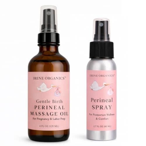 Organic Perineal Massage Oil Spray by Irene Organics for Pregnancy and Postpartum - Prevention for Perineum Tearing, All Natural, Third Trimester Pregnancy Must Haves for Childbirth (Perineal Bundle)