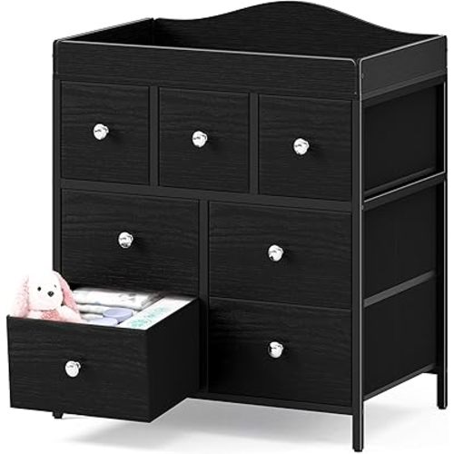 BOLUO Changing Table Dresser with Storage, Baby Dresser with Changing Table Top Diaper Changing Station with 7 Fabric Drawers for Nursery Modern