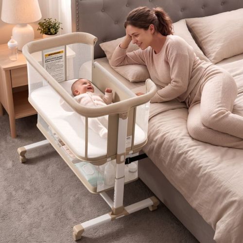 Kinder King Portable Baby Bassinet with Wheels, All-Mesh Bedside Sleeper, Newborn Crib with Removable Mattress, Beige