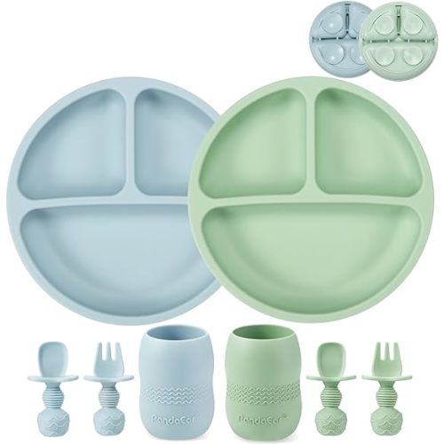PandaEar Silicone Baby Feeding Set| 2 Pack Silicone Divided Suction Plate and 2 Pack Tiny Cup with 2 Spoons 2 Forks| Baby Led Weaning Supplies Self Feeding Eating Utensils (Blue/Green)