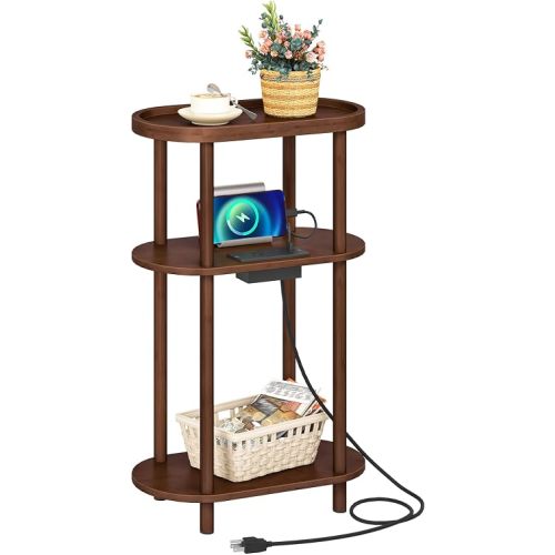 HOOBRO Small Narrow Side Table with Charging Station, 3-Tier Bamboo Narrow End Table, Slim Side Table for Small Spaces, Skinny Oval Nightstand for Living Room, Bedroom, Apartment, Mocha MA178UBZ01