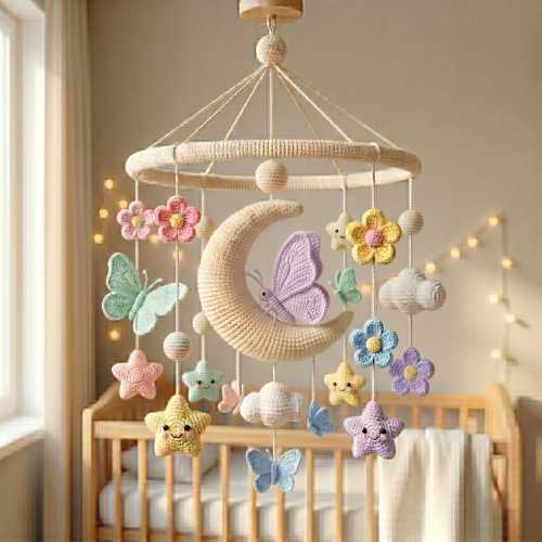 Floral Butterfly Crib Mobile, Crochet Moon Nursery Decor, Pastel Hanging Mobile, Handmade Soft Room Decoration, Gift Idea