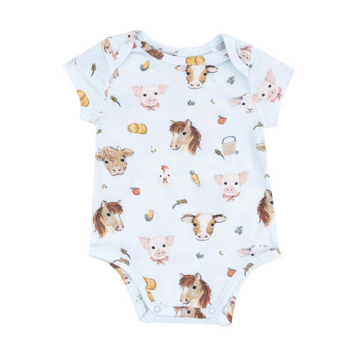 Short Sleeve Bodysuit, Vintage Animal Faces Blue