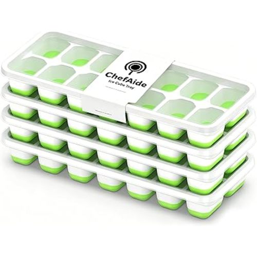 ChefAide Ice Cube Tray with Lid, 4 Packs 56 Cubes Durable Stackable Ice Cube Trays for Freezer with Removable Lids, Easy-Release Plastic & Silicone Ice Tray for Cocktail, Coffee