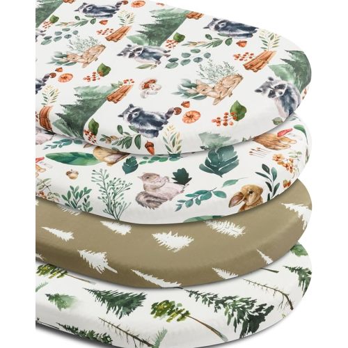 4 Pack Bassinet Sheets Woodland Forest Animals Wood Neutral Unisex Fitted Baby Bassinet Sheets Set for Standard Bassinets for Baby Boys or Girls