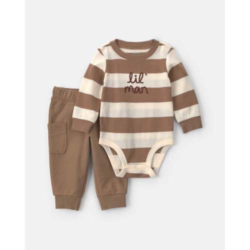 Baby Boy 2-Piece 'Lil Man' Striped Long-Sleeve Bodysuit & Pant Set - Brown | Carter's