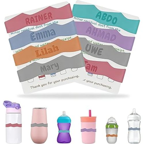 4 Pack Personalized Baby Bottle Name Bands, Custom Silicone Water Bottle Labels for Daycare Reusable, Laser Engraving Toddler Name Tags, Waterproof Customized Kids Cup Identifier Rubber Ring Removable
