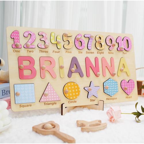 Algebraic Wooden Name Puzzle, Preschool Puzzle Toys for Girls, Personalized Name and Number Puzzle, Educational Puzzle for Learning Shapes