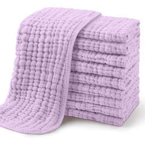 Yoofoss Muslin Burp Cloths for Baby 10 Pack 100% Organic Cotton Baby Washcloths for Boys Girls Large 20''X10'' Super Soft and Absorbent Apricot,Lavender