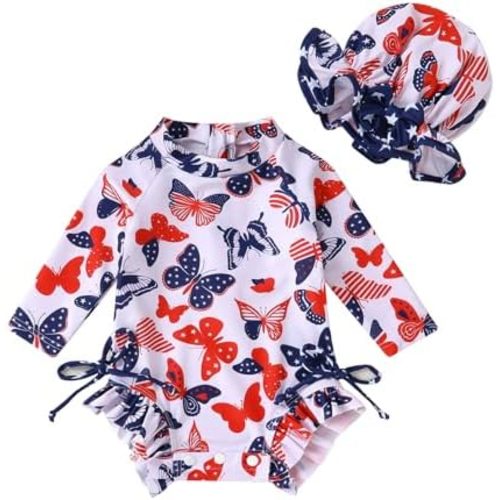 Infant Baby Girl Swimsuit One-Piece Long Sleeve Rash Guard with Hat Set Floral Zipper Bathing Suit Leopard Beach Wear