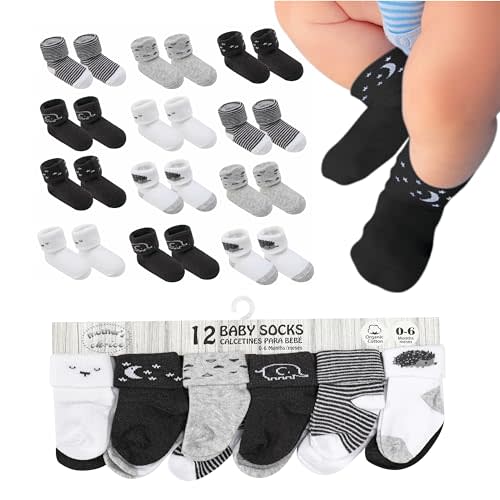 Baby Socks 0-6 Months, Organic Cotton Infant Socks, Unisex, Soft & Hypoallergenic Newborn Socks, 12 Pairs