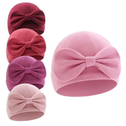 Dalrosia 5PCS Newborn Baby Girl Hats with Bow Cotton Toddler Infant Beanie Cap Newborn Hospital Hats for Baby Girl Kid 0-6 Months