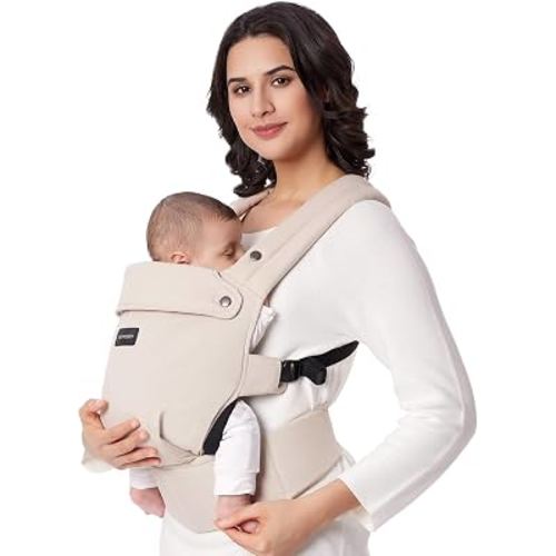 Momcozy PureHug Baby Carrier - Ergonomic, Cozy and Lightweight for 7-45 lbs | Easy to Put On for Baby 3-24M, Hip-Healthy, 3D EVA Lumbar Support, X-Straps for Even Weight Distribution, 100% Cotton, Khaki