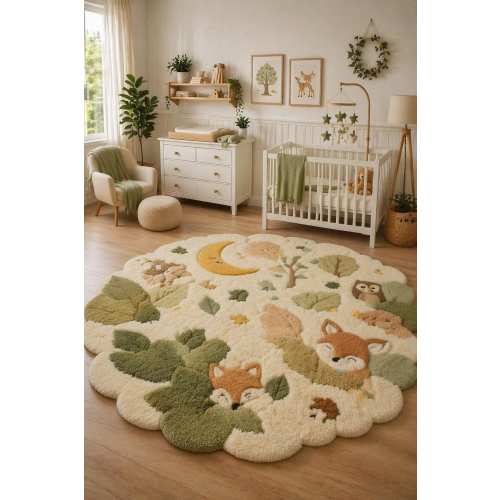 Woodland Kids Nursery Rug Tufted Animal Playroom Carpet Neutral Baby Room Decor