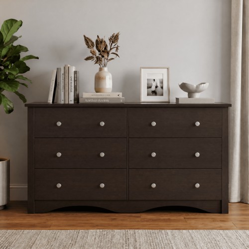 "Homall 6 Drawer Wood Dresser, Double Tier Storage Cabinet, Brown Finish, 58.3"" x 15.2"" x 26.4"