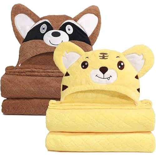 Kids Hooded Towels for Boys, 2 PCS Kid Bath Towel with Animal Hooded for 0-5 Years,Super Soft Premium Coral Fleece Luxuriously Thick and Plush with Large Size 50"x32", Brown Bear& Yellow Tiger