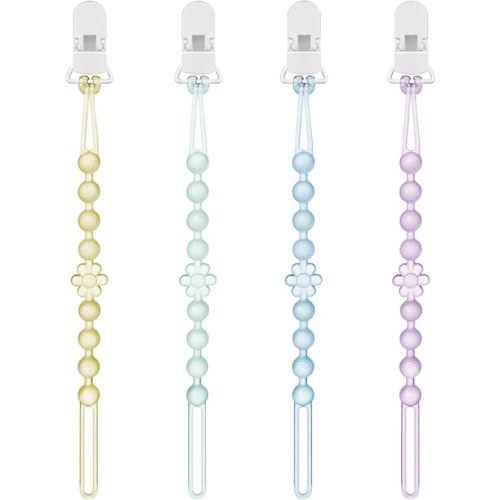 Silicone Pacifier Clip Holder with One-Piece Beads, 4 Packs Soft Flexible and Rust-Free Binky Pacifiers Clips for Teething Relief Baby Essentials Accessories, Safe for Boy and Girl