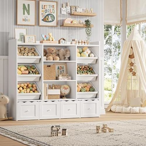 HITHOS 55" W Kids Toy Storage Organizer with 10 Toy Box & Book Shelf, White