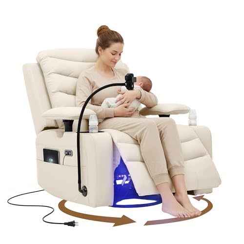 Olela Power Glider Recliner Nursery Chair, Oversized Leather Swivel Rocking Chair with Electric Lumbar Support, USB Charging, Smart Cup Holder, Light, Adjustable Armrest, Wireless Phone Charger Holder