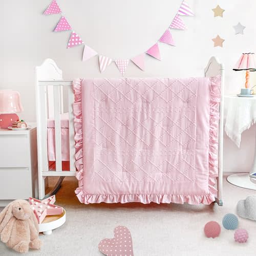 Wowelife Baby Girl Crib Bedding Set, Boho 3-Piece Crib Comforter Set for Girls, Ruffle Baby Nursery Bedding Set Include Quilted Comforter, Crib Skirt and Sheet, Pink