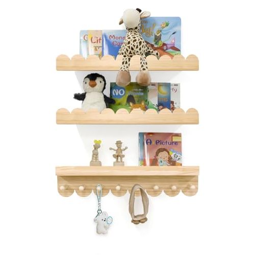 Floating Nursery Book Shelves with Hooks-20Inches Scalloped Shelves for Bedroom Kids Set of 3, Nursery Bookshelf for Kids Room Decor, Natural, Large