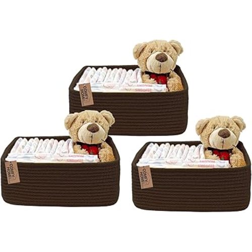 COMFY-HOMI 11.5"x7.5"x4.7" Storage Baskets for Organizing | Cotton Rope Woven Basket | Toy Storage Bin Box | Basket for Shelves, Closet Organizer Bin, Decorative Closet Shelf, 3 Pack, dark brown